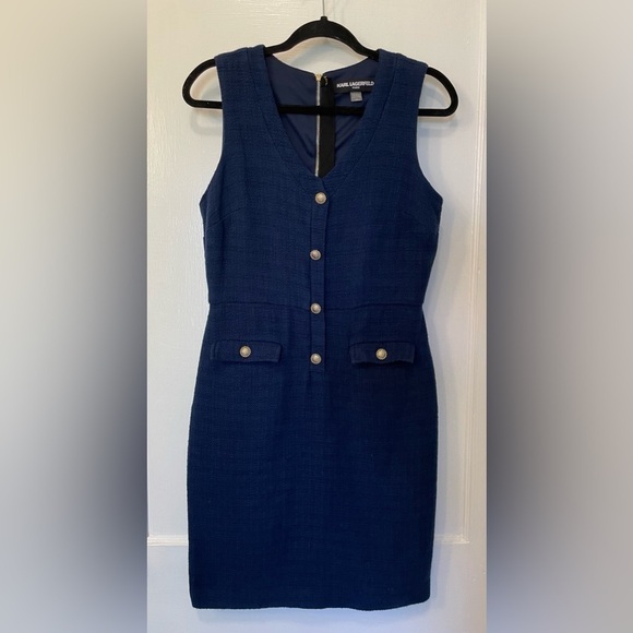 Karl Lagerfeld Dresses & Skirts - Karl Lagerfeld Paris Navy Solid Tweed Shift Sleeveless Gold Buttons